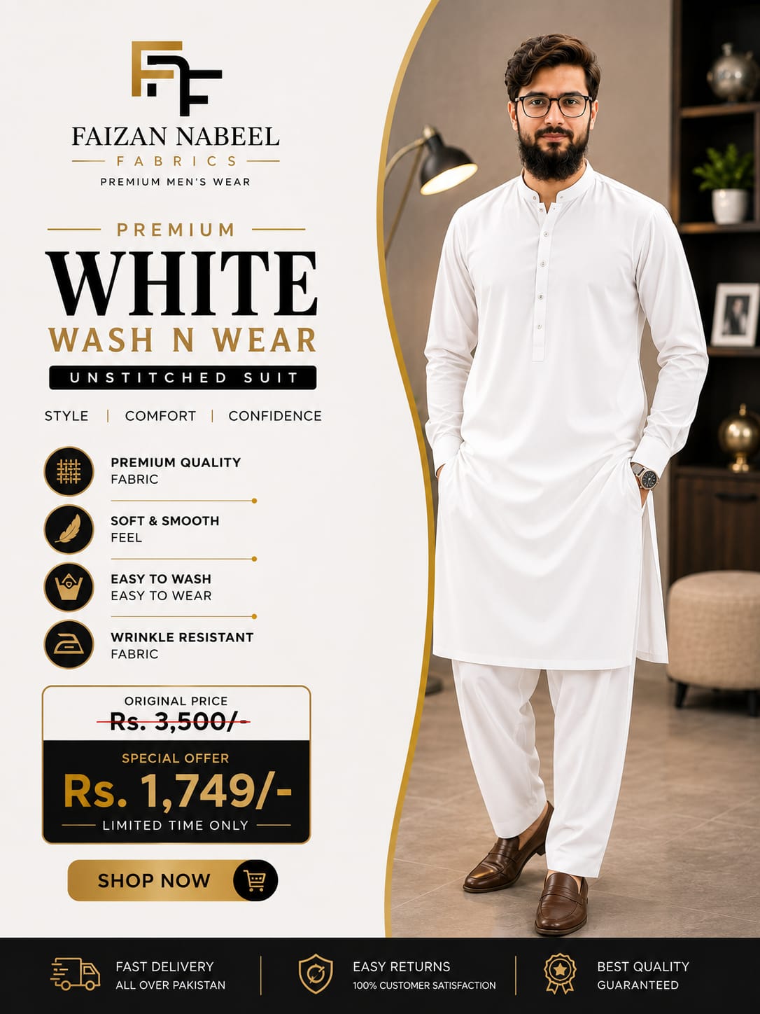 Premium White Boski Wash N Wear – Unstitched Suit