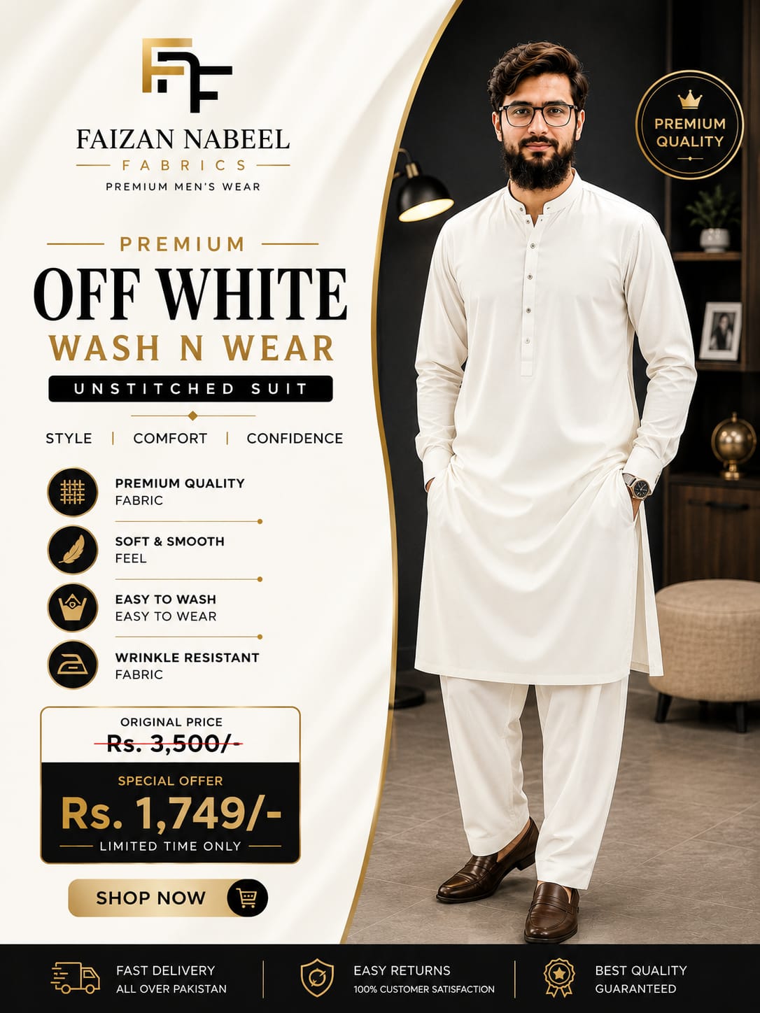 Premium Off White Boski Wash N Wear – Unstitched Suit