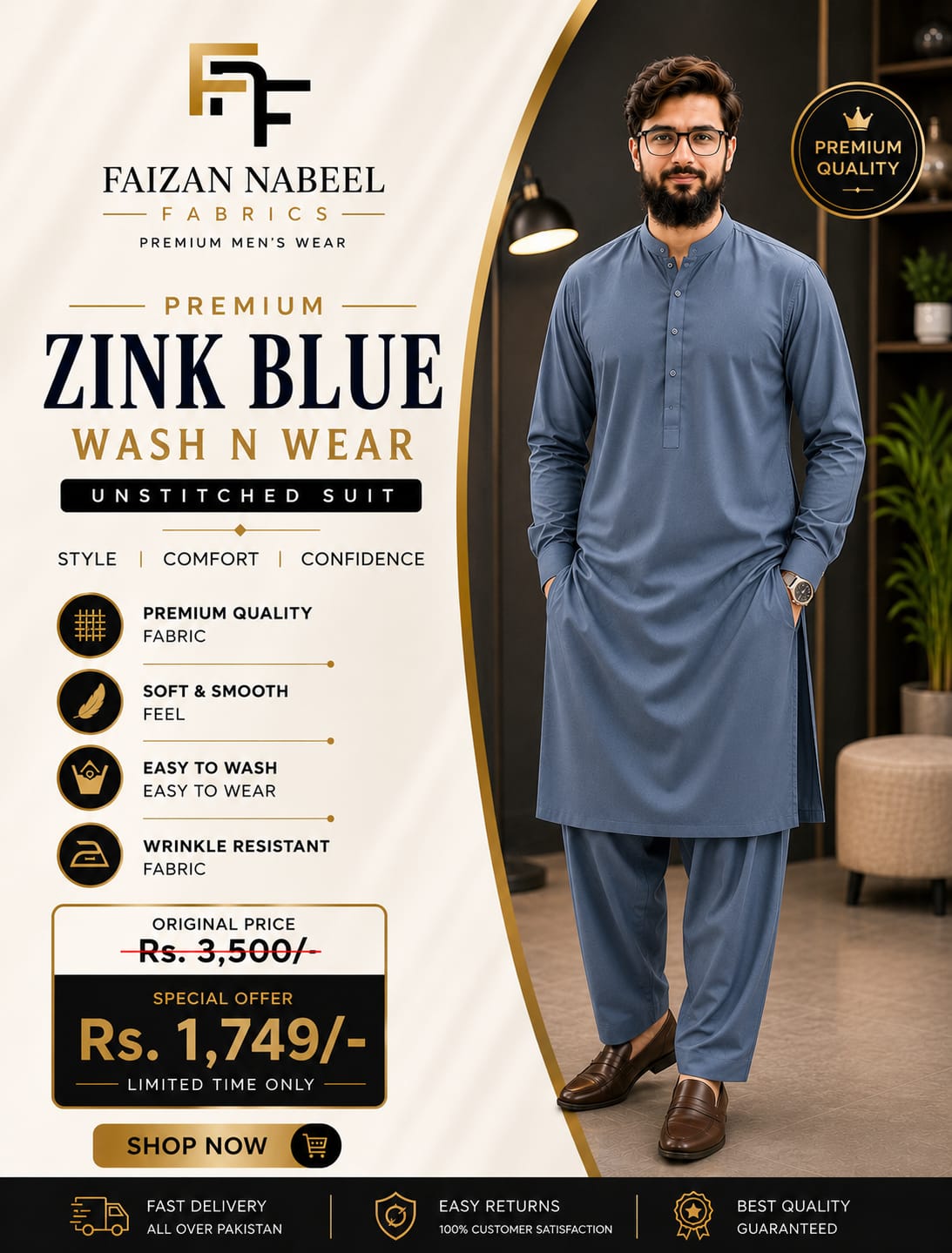 Premium Zink Blue Boski Wash N Wear – Unstitched Suit