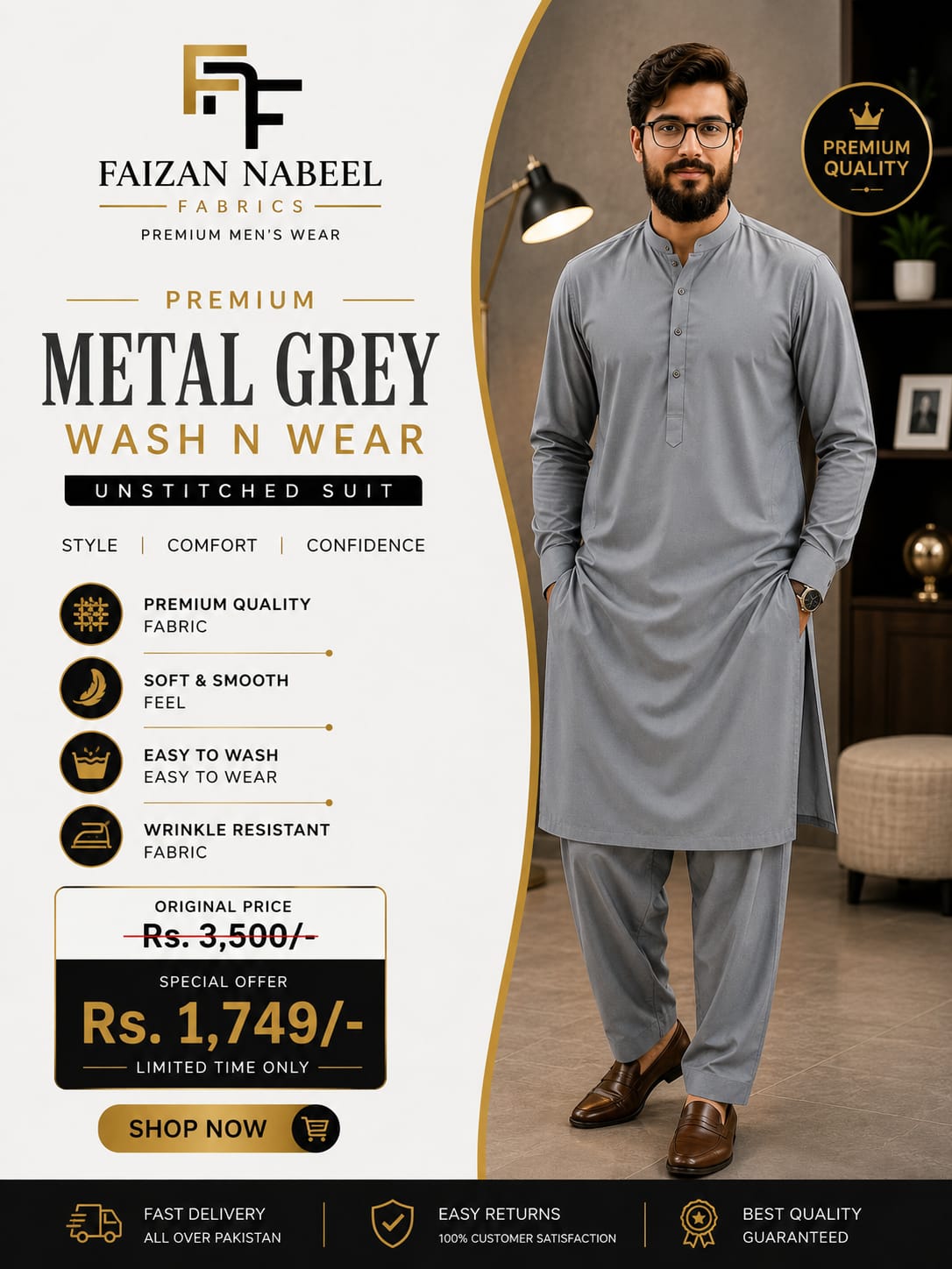 Premium Metal Grey Boski Wash N Wear – Unstitched Suit