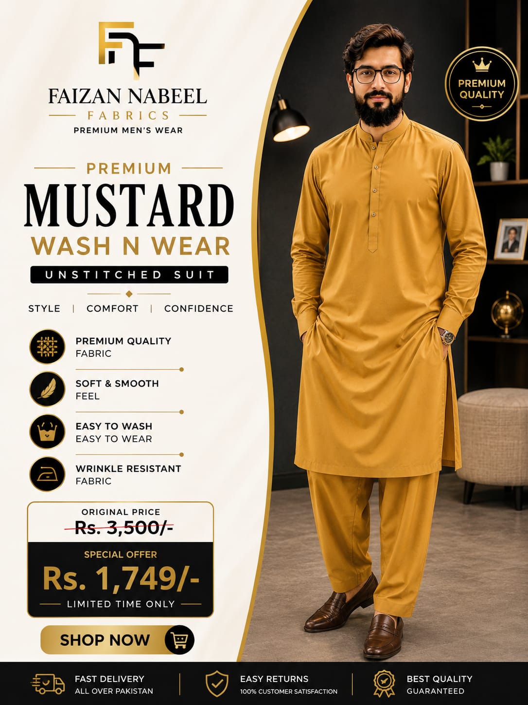 Premium Mustard Boski Wash N Wear – Unstitched Suit