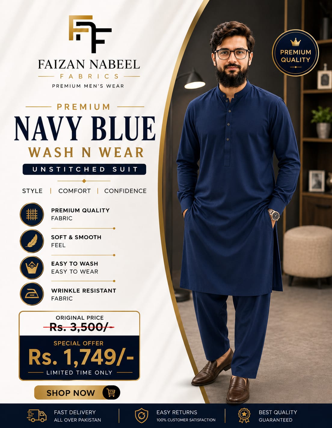 Premium Navy Blue Boski Wash N Wear – Unstitched Suit
