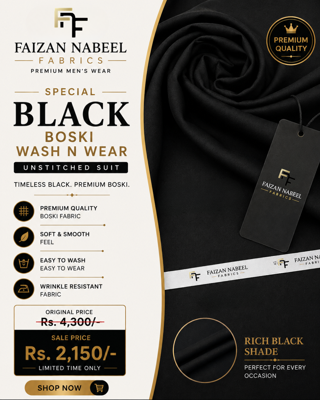Special Jet Black Boski Wash N Wear – Unstitched Suit